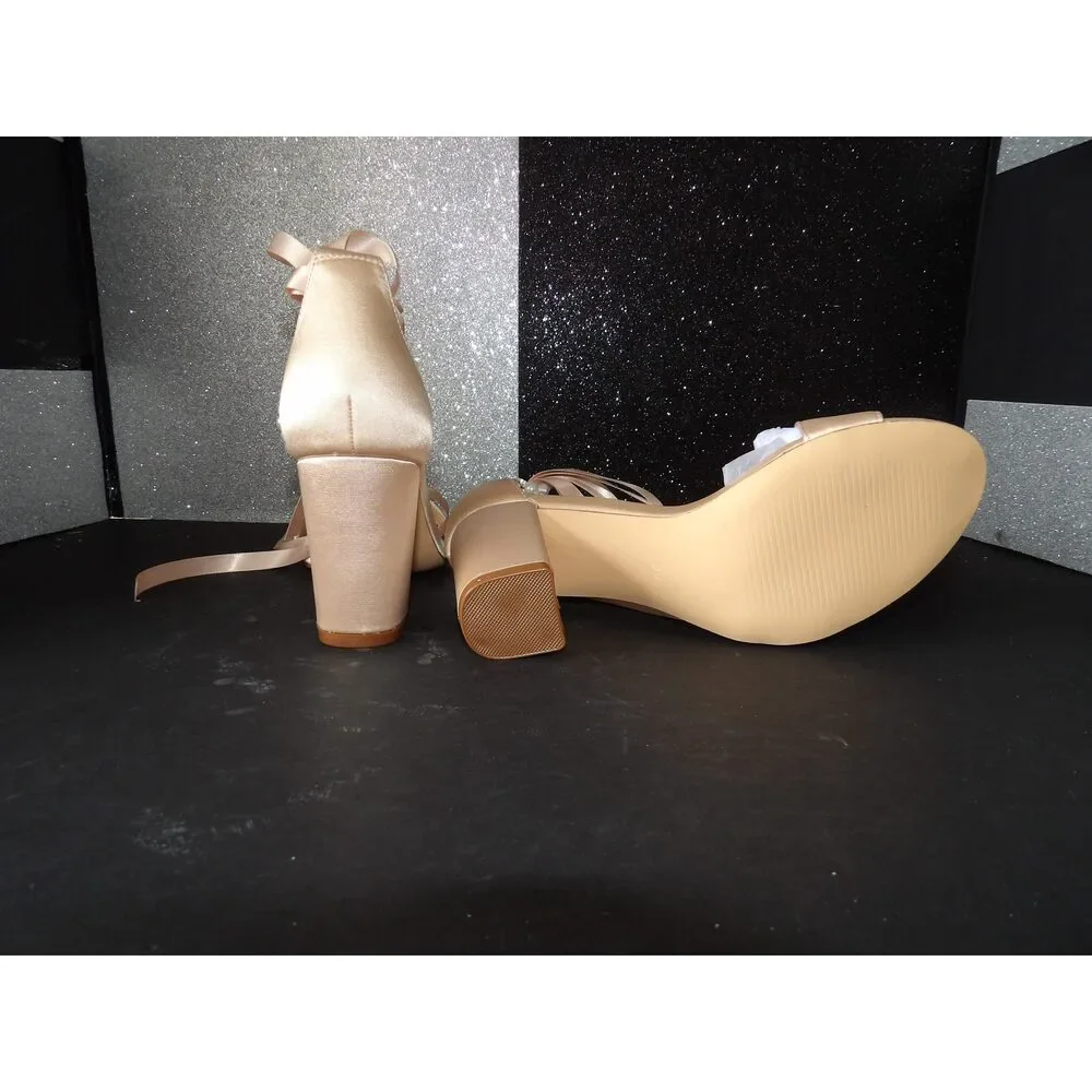 Pearl Ankle Tie Block Heel Sandals - Champagne (Size US Women's 6)